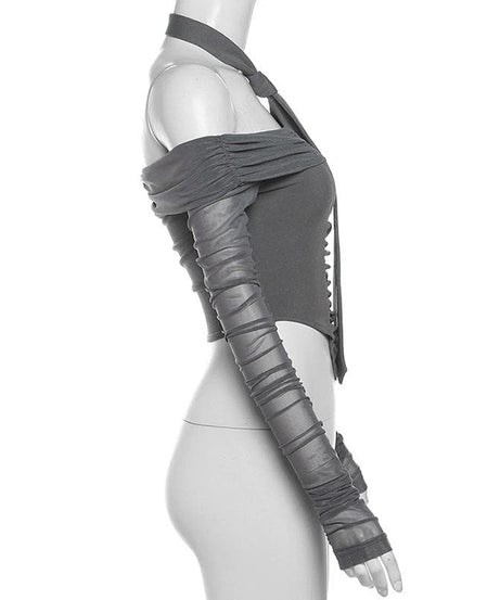 Autumn Allure: Chic Off-Shoulder Halter Ruched Long Sleeve Crop Top - Your Fall Fashion Must-Have