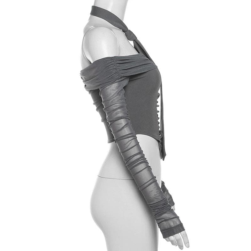 Autumn Allure: Chic Off-Shoulder Halter Ruched Long Sleeve Crop Top - Your Fall Fashion Must-Have