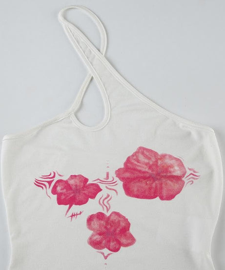 Chic Pink Floral Halter Crop Top – Trendy Cutout Tank for Resort & Late Summer Vibes