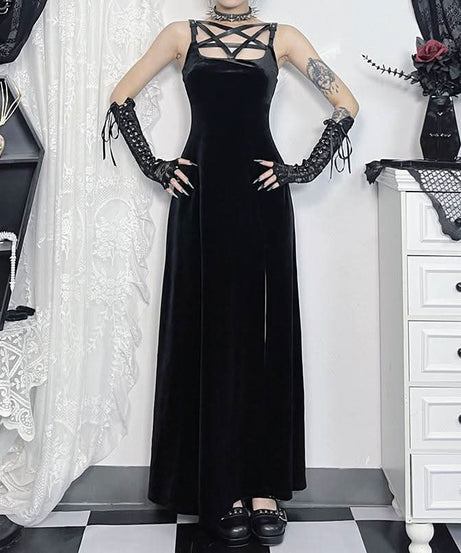 Midnight Velvet Maxi Dress with Star-Strap Neckline & High Slit - Fall & Holiday Party Glamour