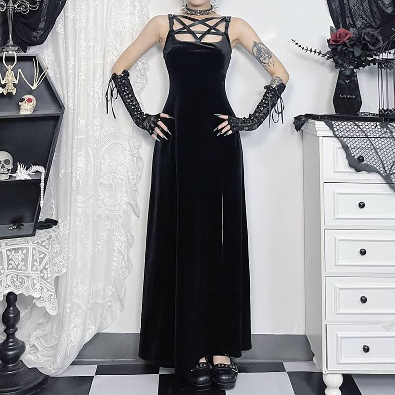 Midnight Velvet Maxi Dress with Star-Strap Neckline & High Slit - Fall & Holiday Party Glamour