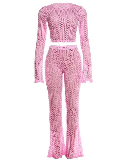 Radiant Bloom Crochet Knit Crop Top & Flared Pants Set - Your Chic Winter Escape Essential