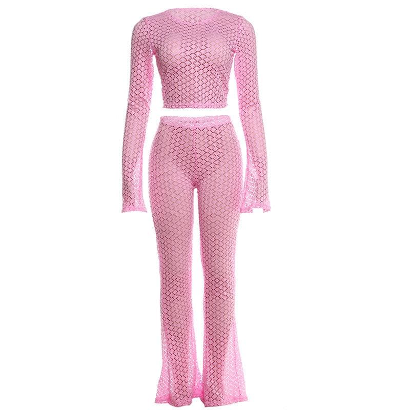 Radiant Bloom Crochet Knit Crop Top & Flared Pants Set - Your Chic Winter Escape Essential