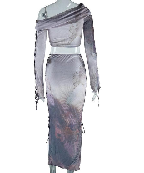 Ethereal Cloud Print Mesh Two-Piece Skirt Set - One-Shoulder Crop Top & Ruched Midi for Fall Nights
