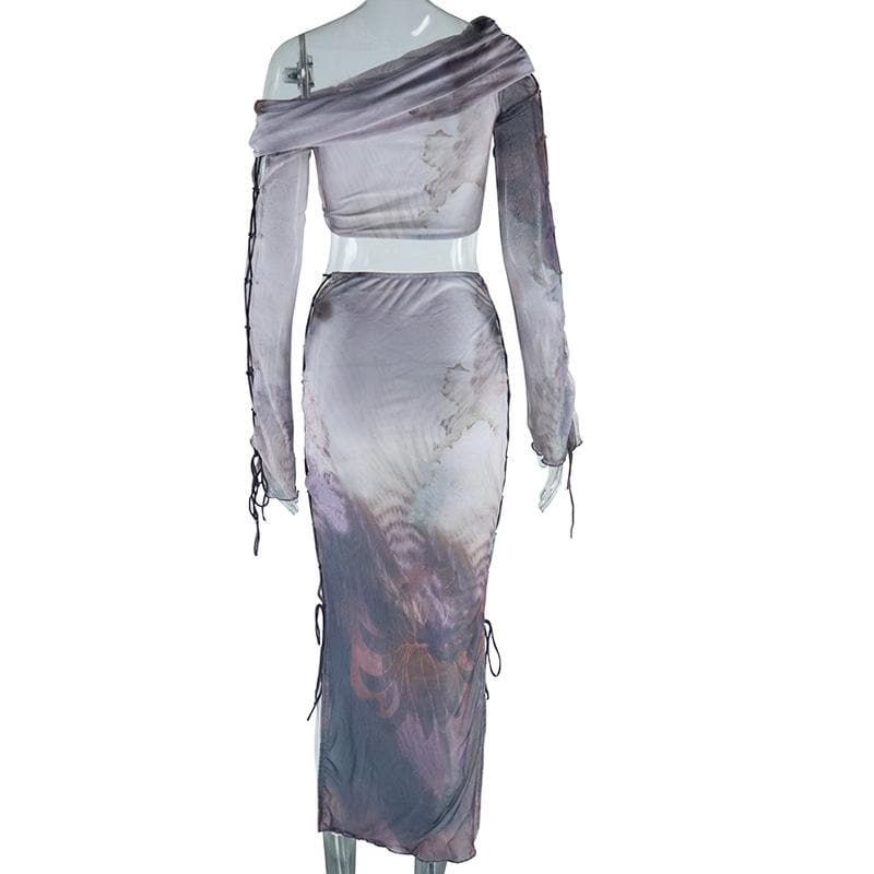 Ethereal Cloud Print Mesh Two-Piece Skirt Set - One-Shoulder Crop Top & Ruched Midi for Fall Nights