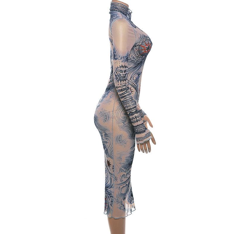 Edgy Tattoo Illusion Mesh Midi Dress with Gloves - Fall & Halloween Statement Piece