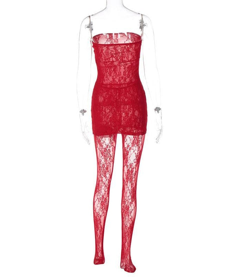 Seductive Black Lace Tube Mini Dress & Sheer Tights Set - Halloween, Party & Date Night Ready