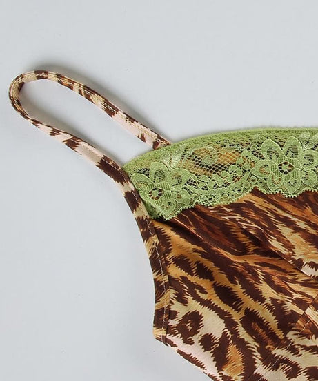 Sultry Leopard Print Cami Mini Dress | Green Lace Trim & Bow | Y2K Fall Fashion