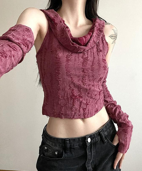 Edgy Distressed Hooded Crop Top & Arm Warmer Set - Grunge Y2K Fall Fashion