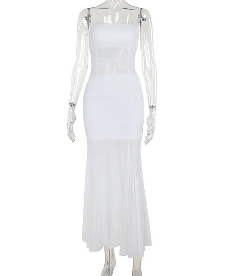 Siren White Strapless Mesh Illusion Maxi Dress - Elegant Fall/Winter Soiree Gown