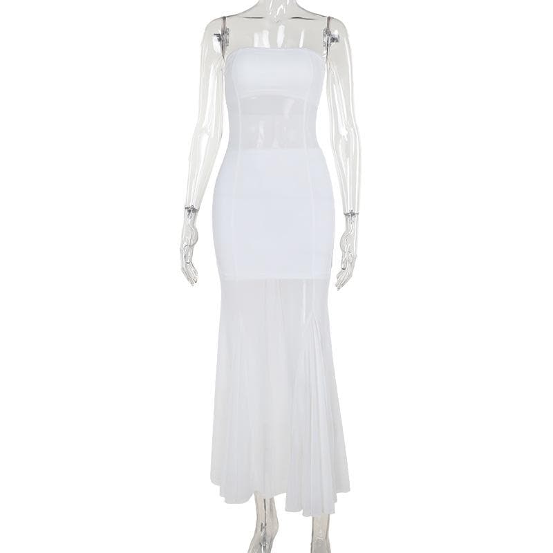 Siren White Strapless Mesh Illusion Maxi Dress - Elegant Fall/Winter Soiree Gown