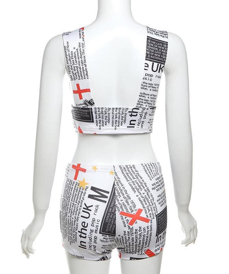 Fall Fashion Statement: Newsprint Graphic Deep V Crop Top & Bodycon Shorts Set for Women