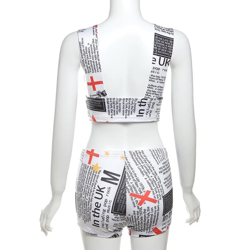 Fall Fashion Statement: Newsprint Graphic Deep V Crop Top & Bodycon Shorts Set for Women