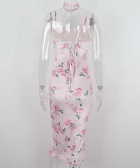 Enchanting Rose Floral Velvet-Touch Midi Dress with Choker & Seductive Slit - Perfect for Fall & Holiday Soirees