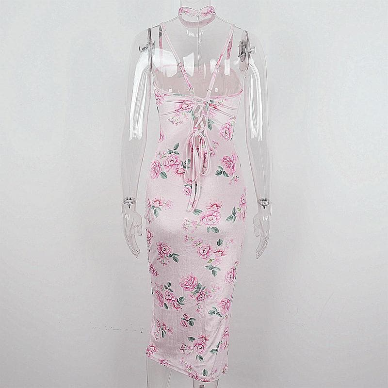 Enchanting Rose Floral Velvet-Touch Midi Dress with Choker & Seductive Slit - Perfect for Fall & Holiday Soirees