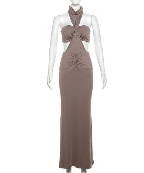 The 'It Girl' Halter Neck Cutout Ruched Maxi Dress - Fall Parties & Vacation Ready