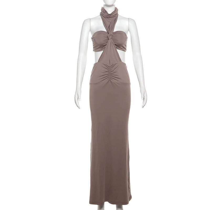 The 'It Girl' Halter Neck Cutout Ruched Maxi Dress - Fall Parties & Vacation Ready