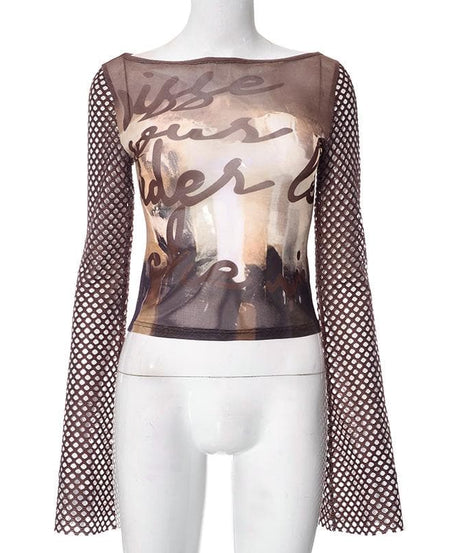Artistic Mesh Bell Sleeve Top - Edgy Fall Graphic Long Sleeve for Women