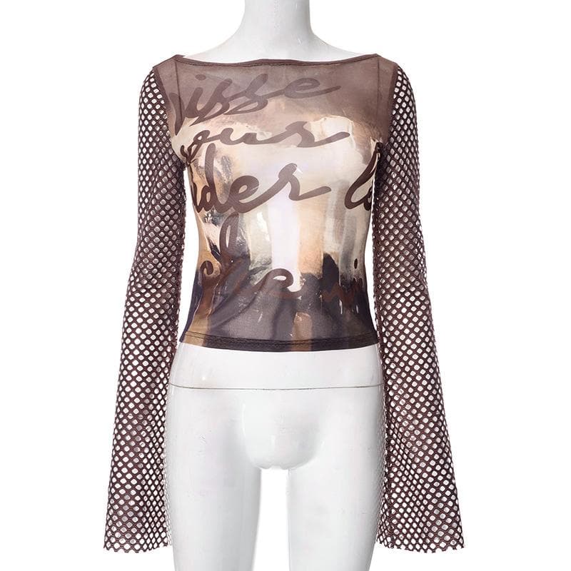 Artistic Mesh Bell Sleeve Top - Edgy Fall Graphic Long Sleeve for Women
