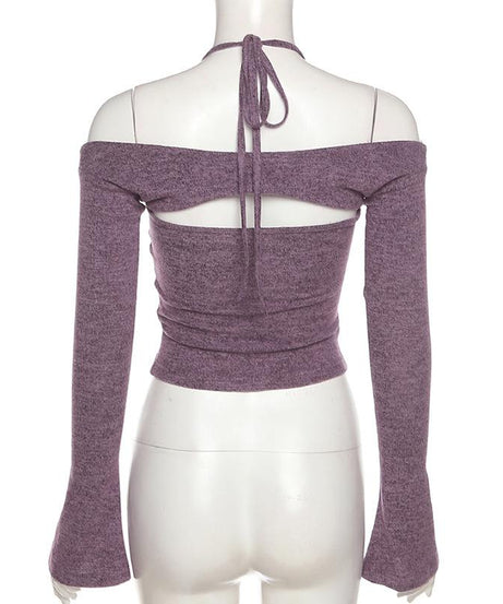Effortless Fall Style: Halter Off-Shoulder Knit Top | Layered Look Bell Sleeve Sweater