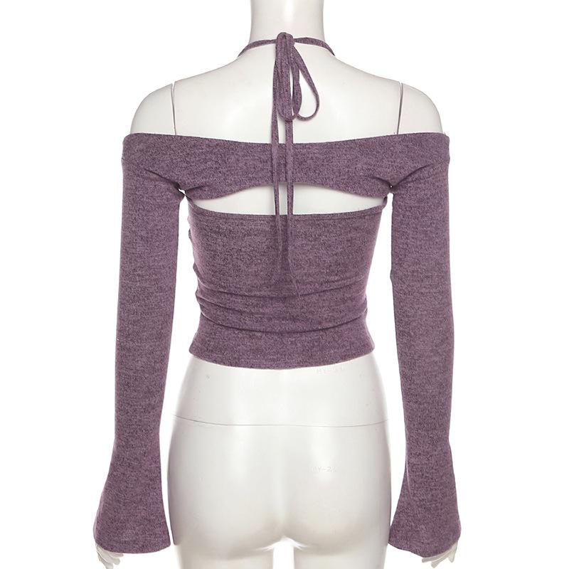 Effortless Fall Style: Halter Off-Shoulder Knit Top | Layered Look Bell Sleeve Sweater