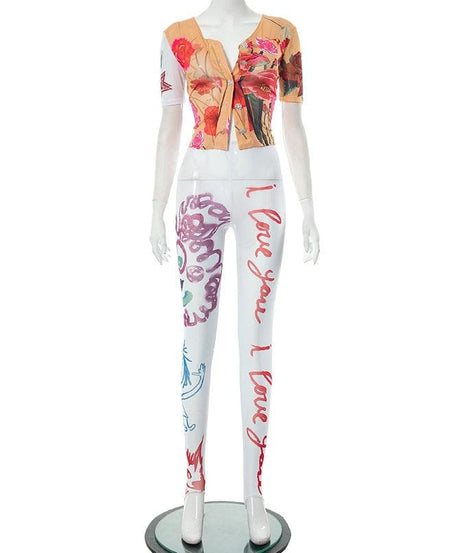 Love Blooms Fall Set: Women's Floral Sheer Top & 'I Love You' Graphic Stirrup Leggings