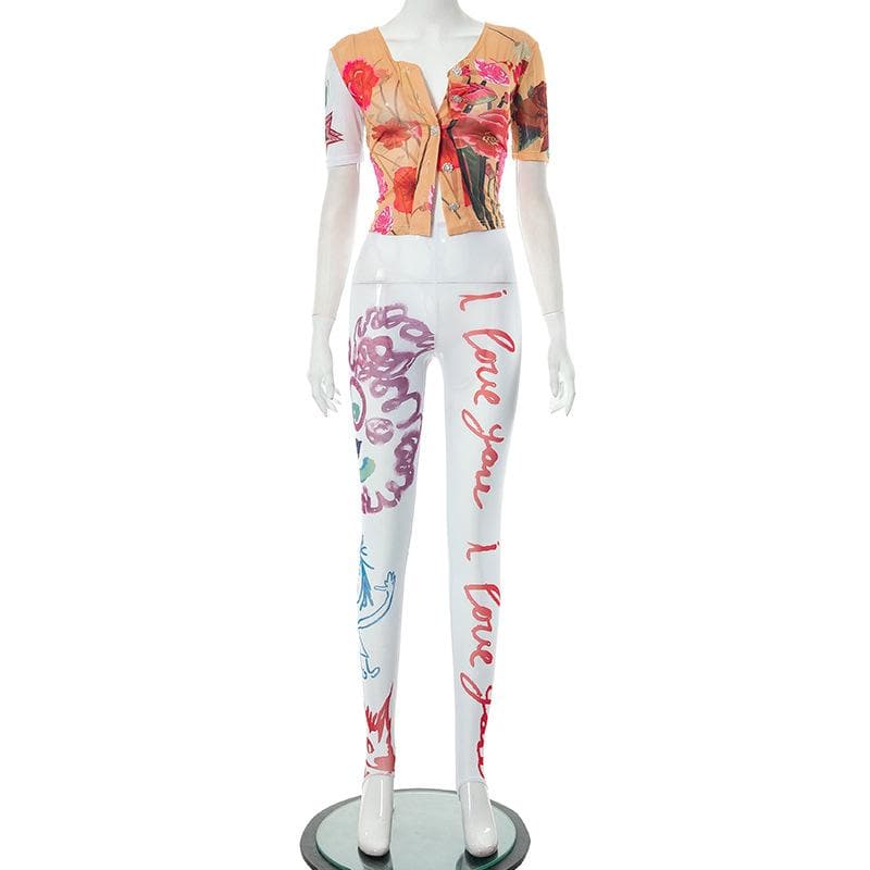 Love Blooms Fall Set: Women's Floral Sheer Top & 'I Love You' Graphic Stirrup Leggings