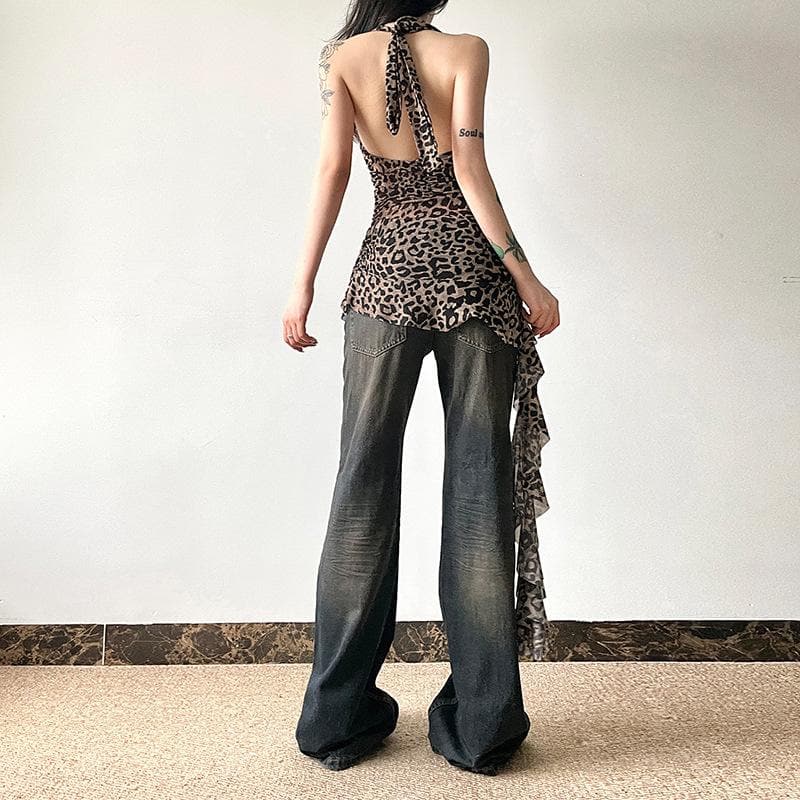 Fierce Fall Nights: Y2K Leopard Print Halter Top with Asymmetrical Ruffle - Backless & Bold