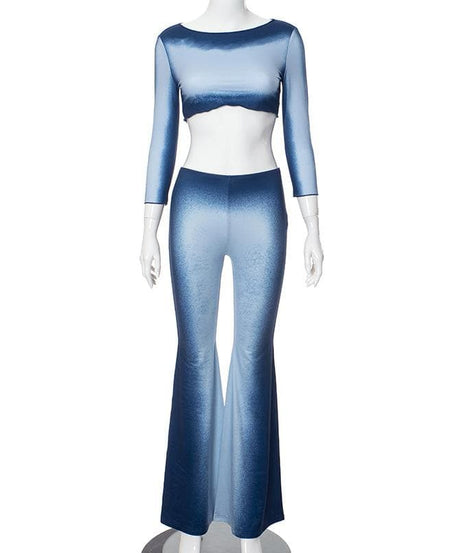 Cozy Chic Ombre Blue Flare Pant & Crop Top Set | Fall Vibes Fashion for Women