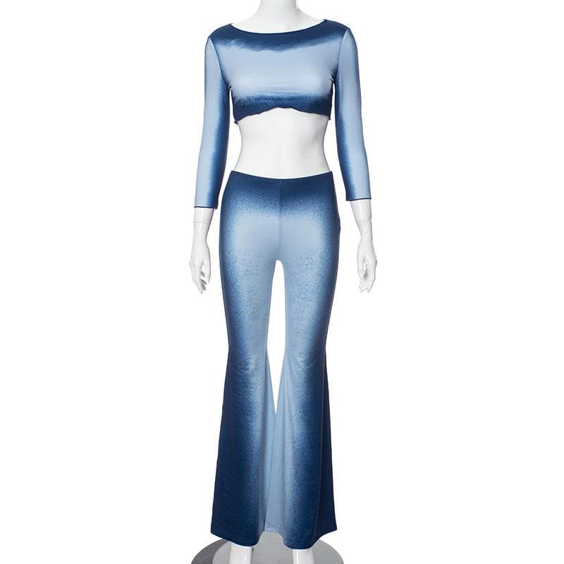 Cozy Chic Ombre Blue Flare Pant & Crop Top Set | Fall Vibes Fashion for Women