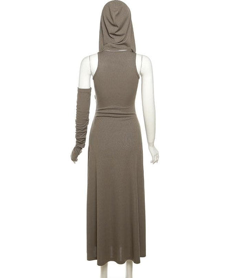 Effortless Autumn Style: Hooded Maxi Dress with High Slit & Arm Warmer Set