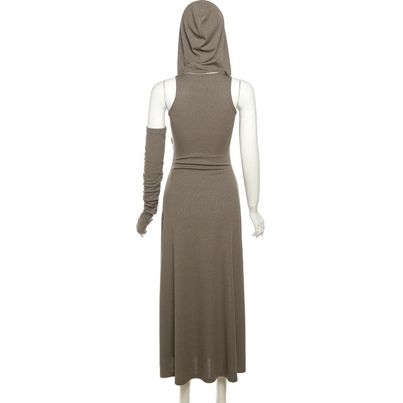 Effortless Autumn Style: Hooded Maxi Dress with High Slit & Arm Warmer Set