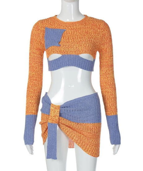 Chic Colorblock Knit Two-Piece Set: Fall Cutout Crop Top & Mini Skirt