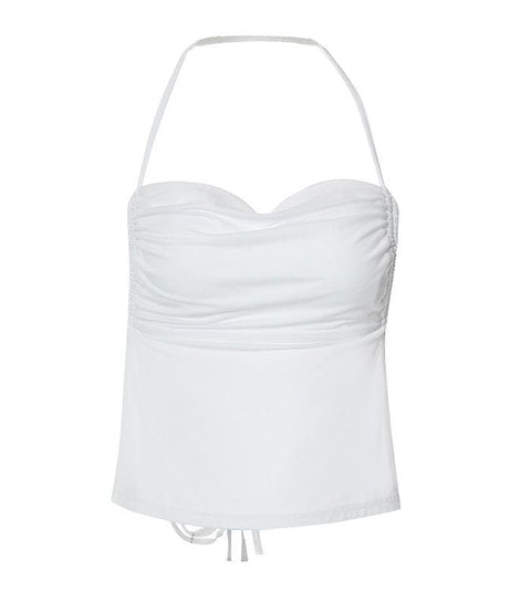 Flattering White Halter Top: Chic Cowl Neck & Ruched Detail for Fall Getaways & Resort Style