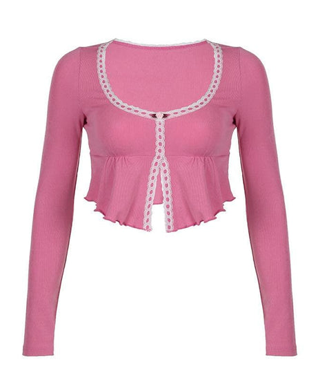 Coquette Dream Pink Lace Peplum Crop Top - Fall's Sweetest Long Sleeve