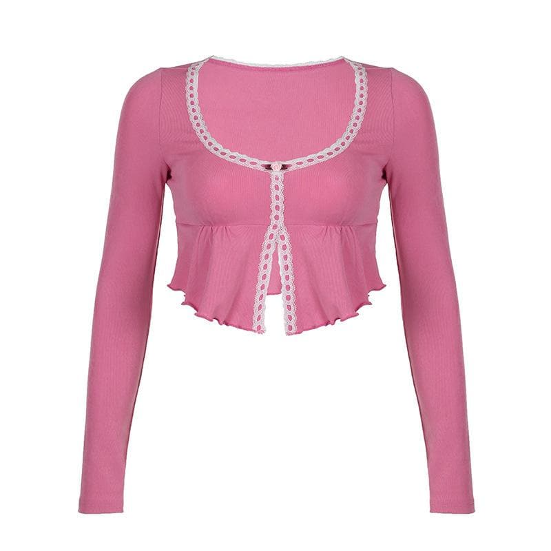 Coquette Dream Pink Lace Peplum Crop Top - Fall's Sweetest Long Sleeve