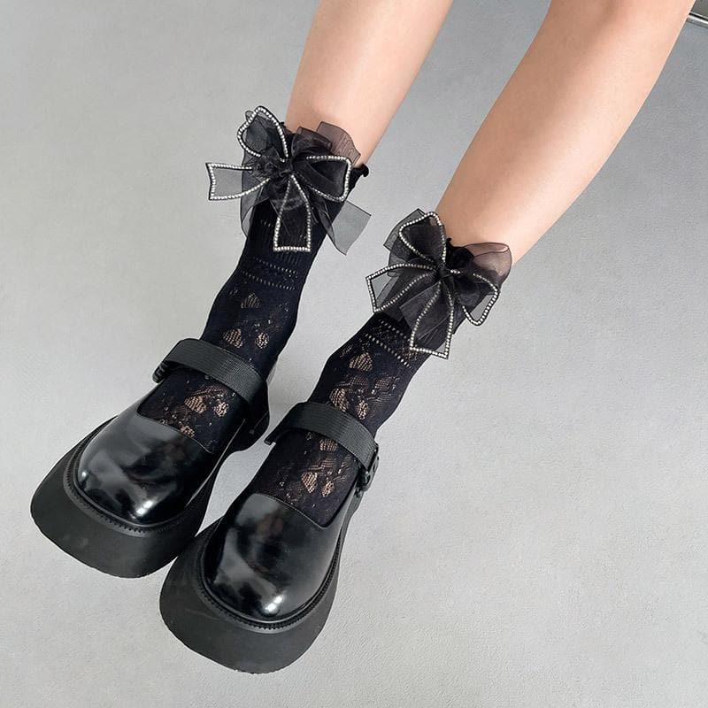 Delicate Sparkle Bow Sheer Ankle Socks | Fall Gothcore & Dark Academia Style