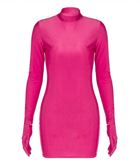 Showstopping Hot Pink High-Neck Bodycon Mini Dress with Attached Gloves – Fall & Holiday Party Ready