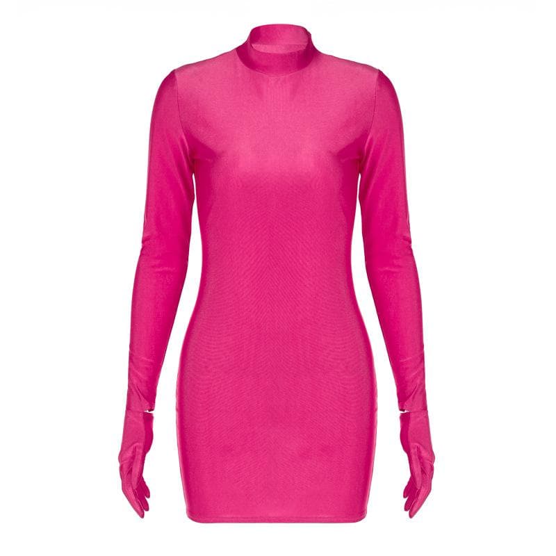 Showstopping Hot Pink High-Neck Bodycon Mini Dress with Attached Gloves – Fall & Holiday Party Ready
