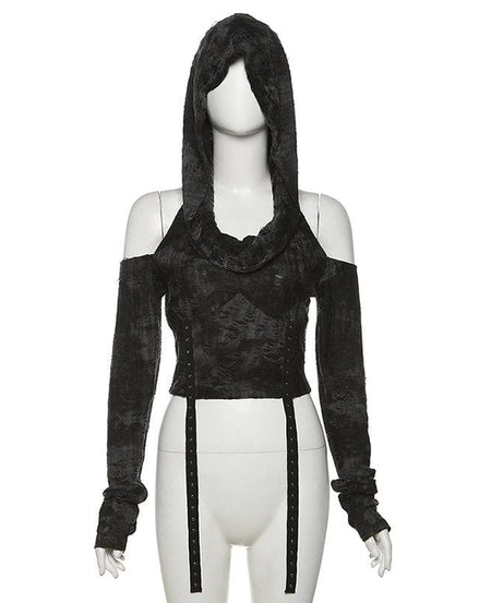 Mystique Velvet Cold Shoulder Cropped Hoodie | Edgy Studded Gothcore Top for Fall & Halloween