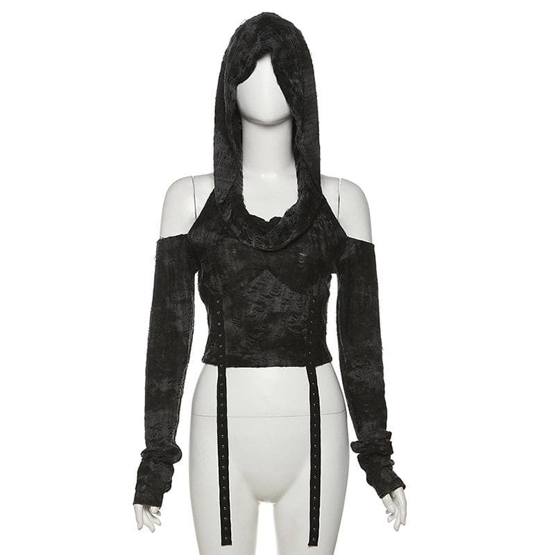 Mystique Velvet Cold Shoulder Cropped Hoodie | Edgy Studded Gothcore Top for Fall & Halloween