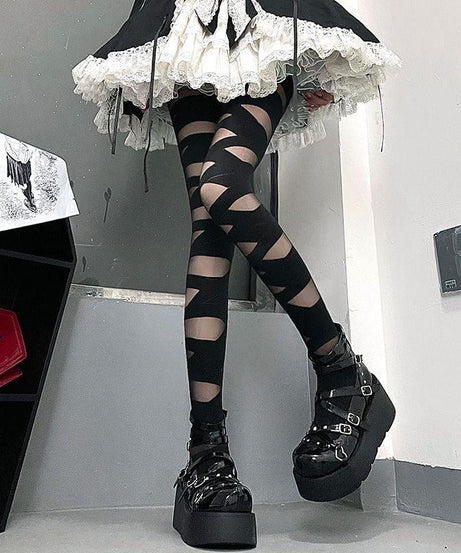Spooky Chic: Gothic Bandage Cutout Tights – Halloween & Fall Alt Fashion Statement