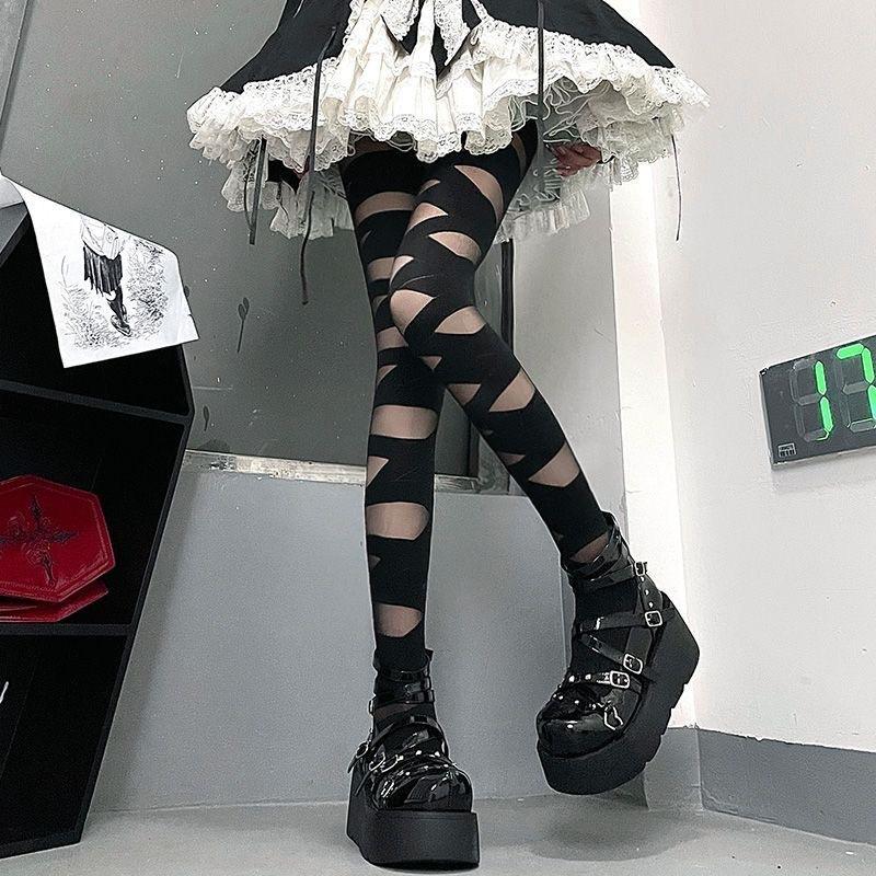 Spooky Chic: Gothic Bandage Cutout Tights – Halloween & Fall Alt Fashion Statement