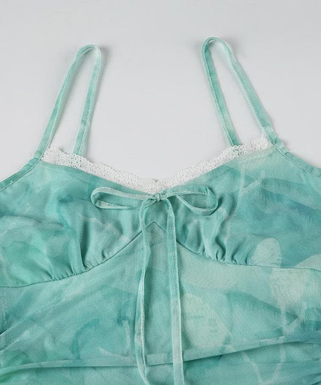 Ethereal Aqua Tie-Dye Mesh Maxi Dress - Ruched Cami & Mermaid Hem | Fall Getaway Chic