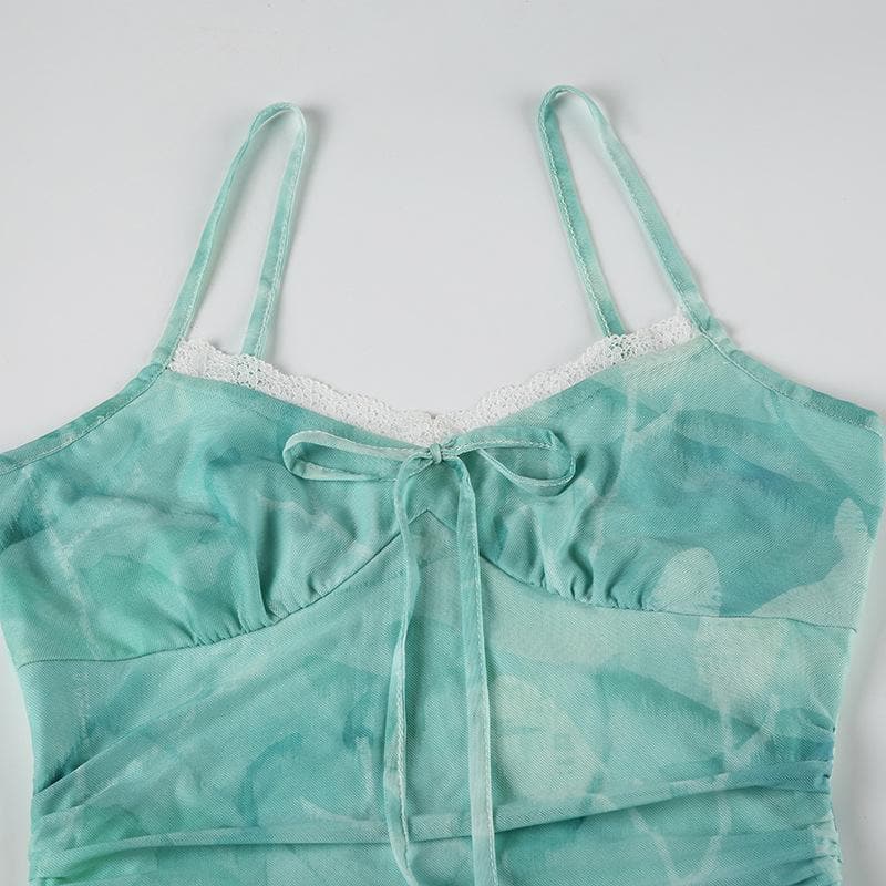 Ethereal Aqua Tie-Dye Mesh Maxi Dress - Ruched Cami & Mermaid Hem | Fall Getaway Chic