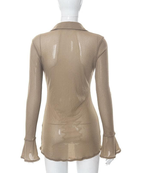 Sultry Sheer Mesh Button-Up Mini Dress - Daring Fall & Halloween Party Statement