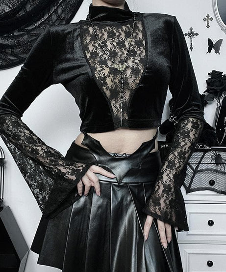 Midnight Enchantress Velvet & Lace Crop Top | High Neck Bell Sleeve Blouse for Fall & Halloween