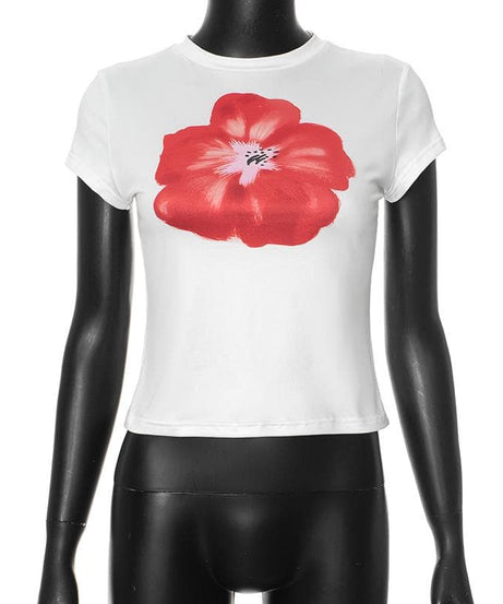 Vibrant Red Poppy Floral Tee | Women's Soft & Stretchy Short Sleeve Top for Fall Style
