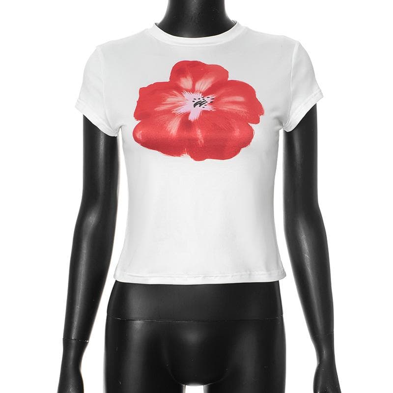 Vibrant Red Poppy Floral Tee | Women's Soft & Stretchy Short Sleeve Top for Fall Style