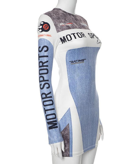 Rev Up Your Fall Style: Edgy Motorsports Denim Print Long Sleeve Bodycon Mini Dress